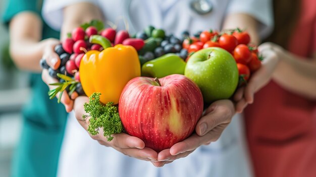 Persona que sostiene un cuenco de frutas y verduras