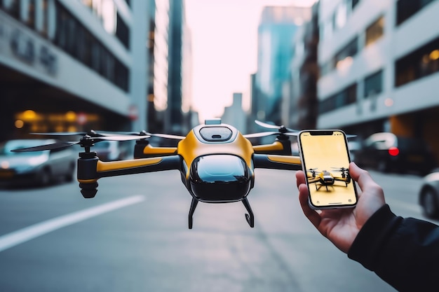 Una persona que sostiene un dron y un teléfono inteligente con la palabra dron en él Taxi aéreo