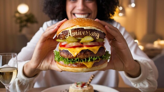 Persona que sostiene una hamburguesa de aniversario