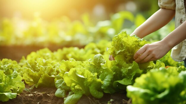 persona que sostiene lechuga verde en un huerto de verduras IA generativa