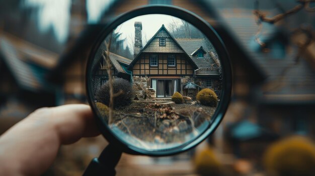 Foto persona que sostiene la lupa examinando la casa