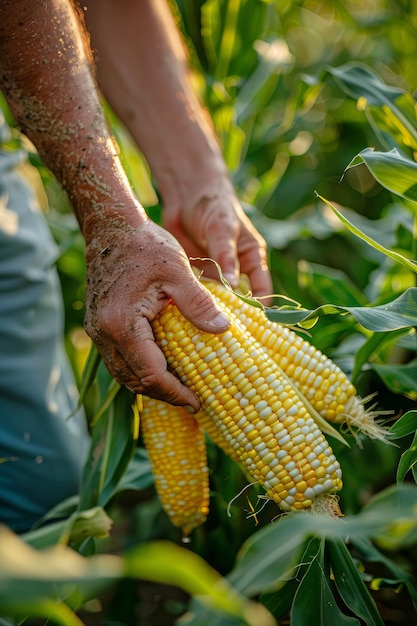 Foto persona que sostiene la mazorca de maíz en el campo