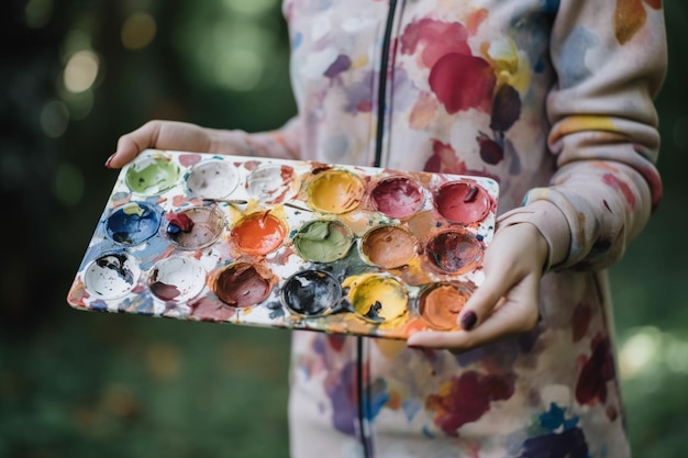 Una persona que sostiene una paleta de pintura y cepillos de salud mental.