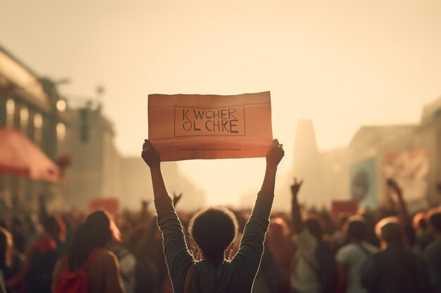 Foto persona que sostiene una pancarta con un poder generativo ai