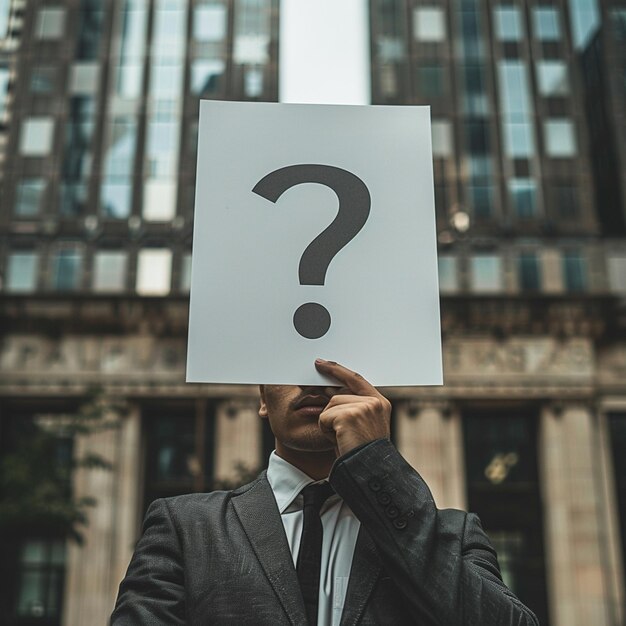una persona que sostiene un papel con un signo de pregunta