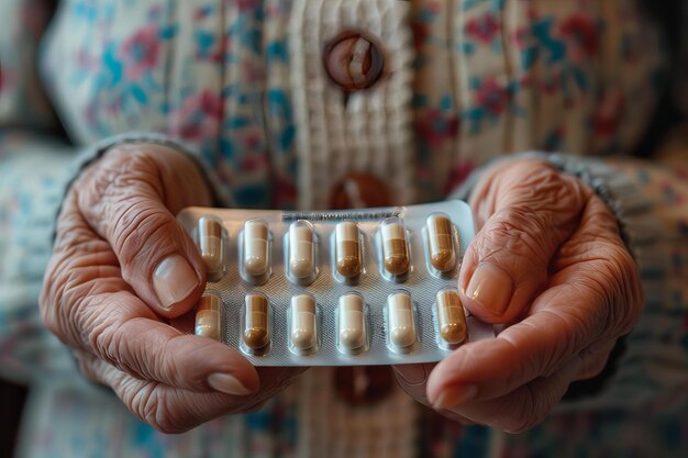 Foto persona que sostiene un paquete de pastillas con pastillas en las manos