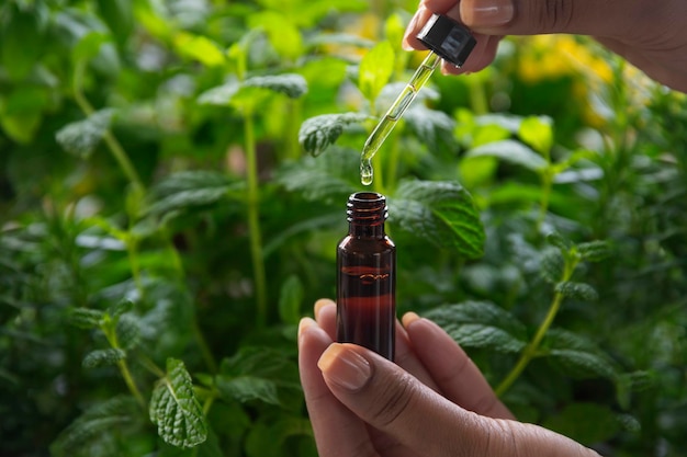 Foto una persona que sostiene una pequeña botella de aceite esencial.