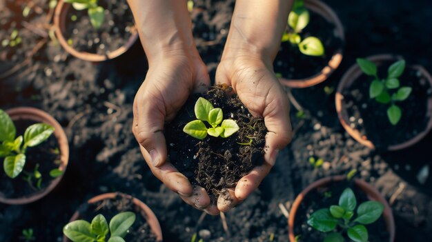 una persona que sostiene una pequeña planta en sus manos generativo ai