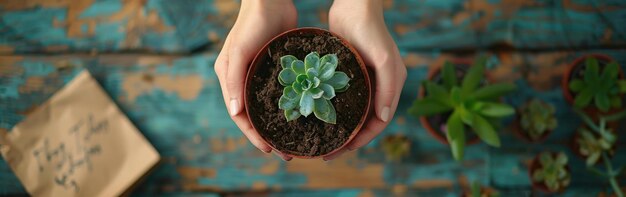 Foto una persona que sostiene una pequeña planta en sus manos preparándose para plantarla en una olla