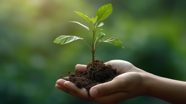 Una persona que sostiene una pequeña planta en sus manos.