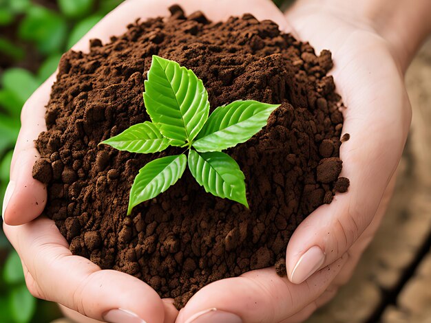 Una persona que sostiene una pequeña planta en sus manos.