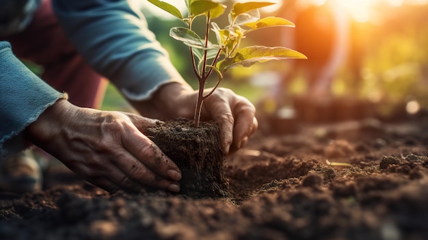 Una persona que sostiene una pequeña planta en la tierra Imagen generativa de IA Plantar árboles para un futuro verde y sostenible