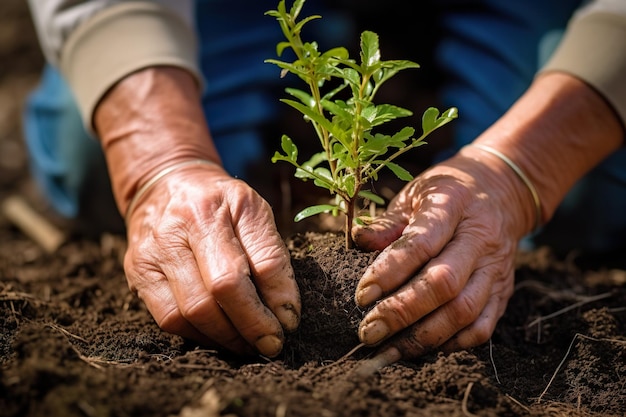 Una persona que sostiene una pequeña planta en la tierra Imagen generativa de IA Plantar árboles para un futuro verde y sostenible