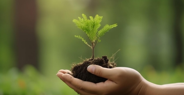 Una persona que sostiene un pequeño árbol en sus manos.