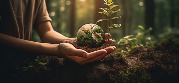 Una persona que sostiene un pequeño globo terráqueo del que crece un árbol