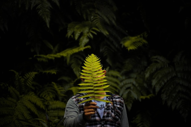 Foto persona que sostiene la planta contra los árboles