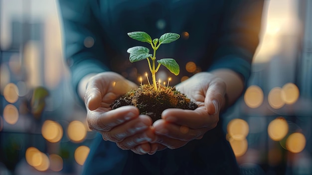 Persona que sostiene una planta pequeña en las manos