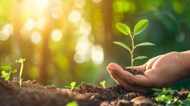 Persona que sostiene una planta pequeña en las manos