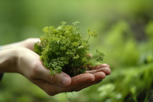 Una persona que sostiene una planta con una planta verde en sus manos.