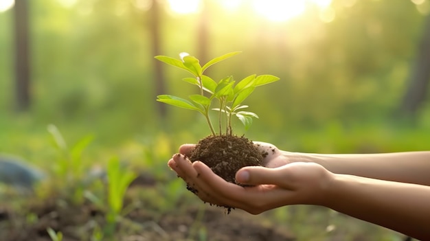 Una persona que sostiene una planta en sus manos.