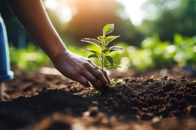 Una persona que sostiene una planta en la tierra Imagen generativa de IA Plantar árboles para un futuro verde y sostenible