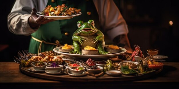 Una persona que sostiene un plato de comida con una rana encima Imagen generativa de IA