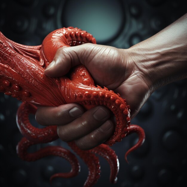 Foto una persona que sostiene un pulpo rojo en su mano generativo ai