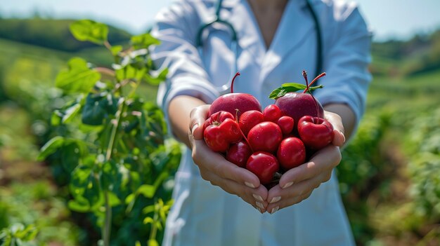 Persona que sostiene un ramo de frutas