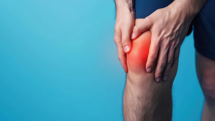 Persona que sostiene la rodilla dolorosa con espacio de copia para el texto