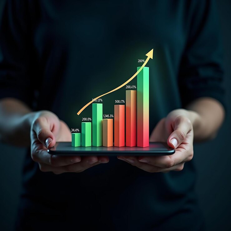 Persona que sostiene la tableta con gráfico de barras con tendencia ascendente