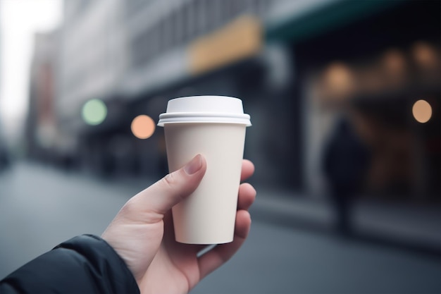 Una persona que sostiene una taza de café en blanco en su mano IA generativa