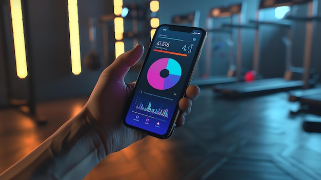 Una persona que sostiene un teléfono inteligente con una aplicación de fitness abierta La aplicación está mostrando las estadísticas de entrenamiento de la persona
