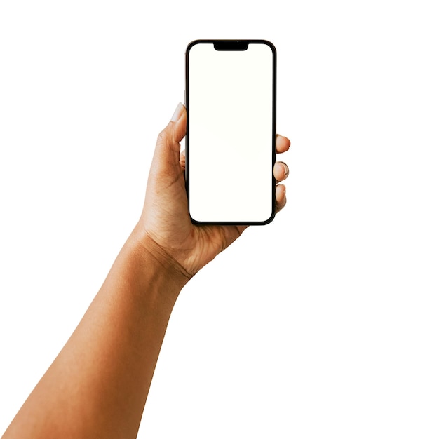 Persona que sostiene un teléfono inteligente en la mano tomando una foto con la cámara del teléfono en un fondo transparente