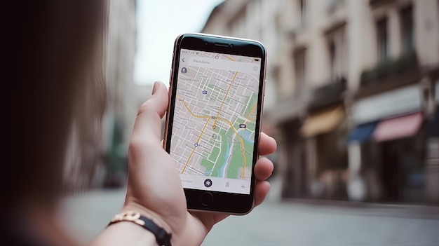 Una persona que sostiene un teléfono con un mapa en la pantalla