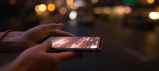 Una persona que sostiene un teléfono con la pantalla que muestra una puesta de sol en la pantalla