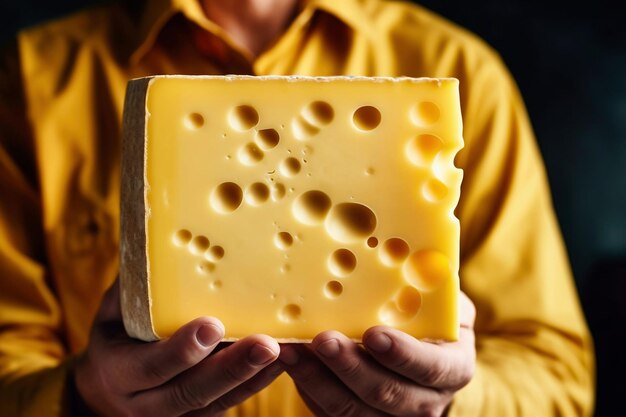 Una persona que sostiene un trozo de queso en sus manos Producción de queso casero en una granja Producto natural Concepto de agricultura de primer plano