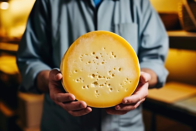 Una persona que sostiene un trozo de queso en sus manos Producción de queso casero en una granja Producto natural Concepto de agricultura de primer plano