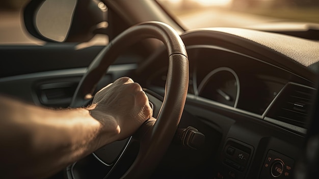 Una persona que sostiene un volante en un automóvil.