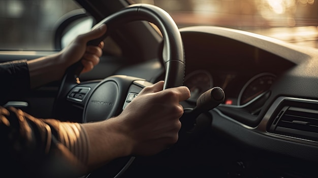 Una persona que sostiene un volante en un automóvil.