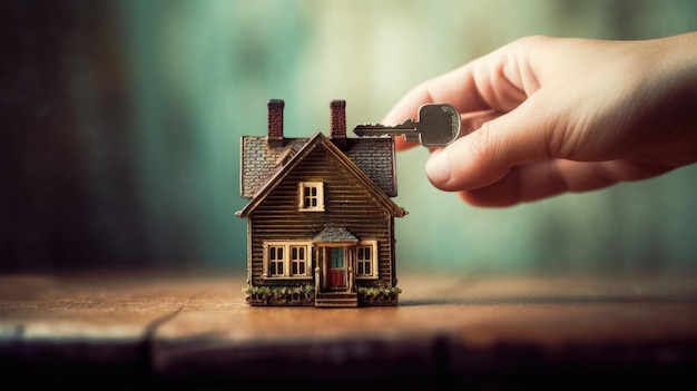 Una persona que tiene una casa con una clave para el concepto de préstamo hipotecario con espacio de copia para texto