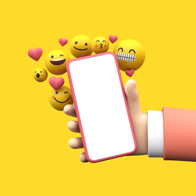 Foto persona que tiene un teléfono inteligente con emoji en línea iconos de redes sociales d renderizado