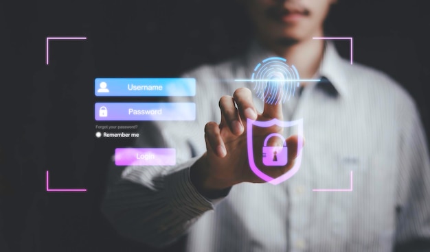 Persona que toca proteger la información personal mediante el escaneo de huellas dactilares transacciones financieras en línea acceso seguro a redes informáticas y sistemas digitales Protección de datos del cliente seguridad cibernética