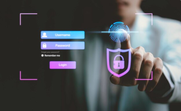 Persona que toca proteger la información personal mediante el escaneo de huellas dactilares transacciones financieras en línea acceso seguro a redes informáticas y sistemas digitales Protección de datos del cliente seguridad cibernética