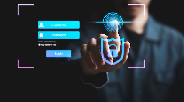 Persona que toca proteger la información personal mediante el escaneo de huellas dactilares transacciones financieras en línea acceso seguro a redes informáticas y sistemas digitales Protección de datos del cliente seguridad cibernética