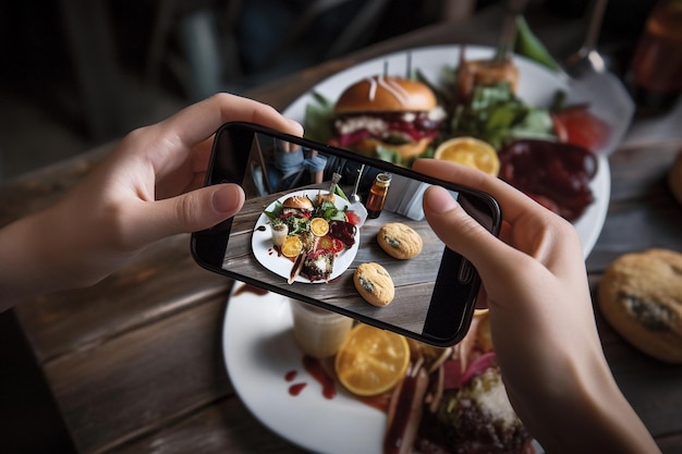 Una persona que toma una foto de la comida y la comparte en las redes sociales.