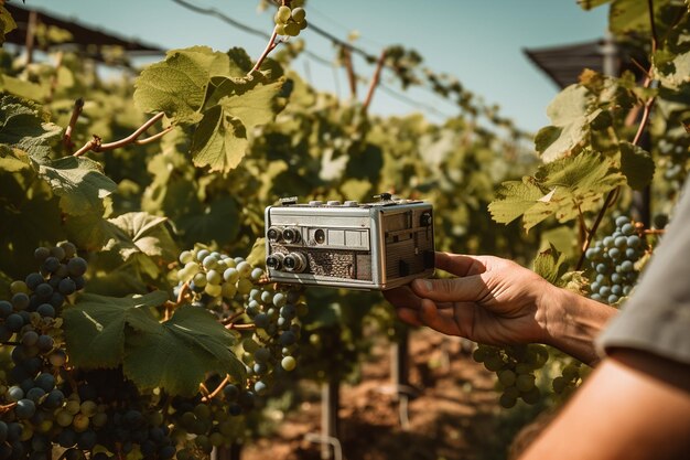 Foto persona que toma una fotografía de uvas con una cámara vintage