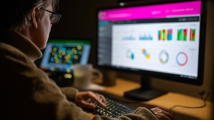Foto persona que trabaja en el análisis de datos en una computadora en una oficina con poca luz durante las horas de la noche