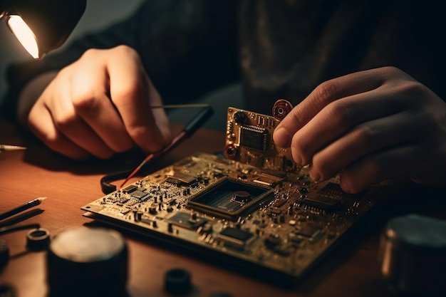 Una persona que trabaja en una computadora con un cepillo y un cepillo.