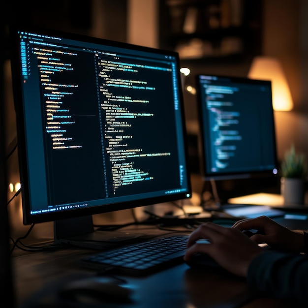 Una persona que trabaja en una computadora con dos monitores que muestran líneas de código