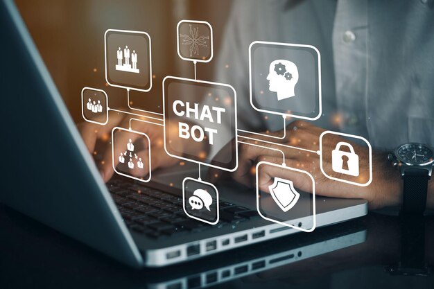 Foto persona que trabaja en una computadora con iconos del programa informático chatbot diseñado para conversar con usuarios humanos a través de internet. concepto de tecnología de automatización de soporte y servicio al cliente.